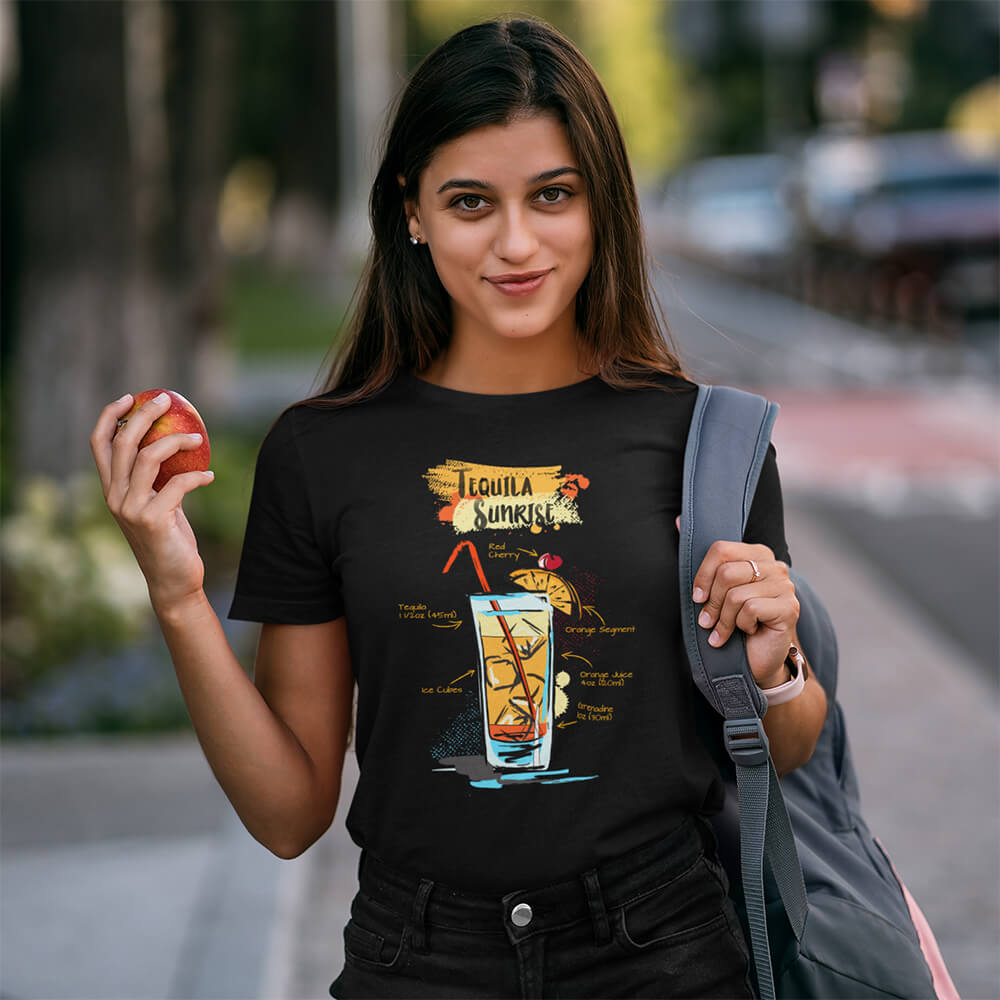 Woman wearing the Tequila Sunrise shirt by Cocktailshirt